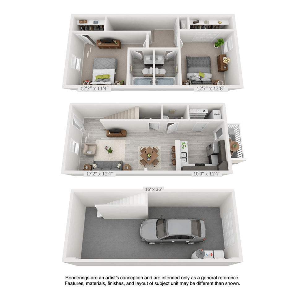 Floor plan for 2 beds, 2.5 baths, 1152 sqft